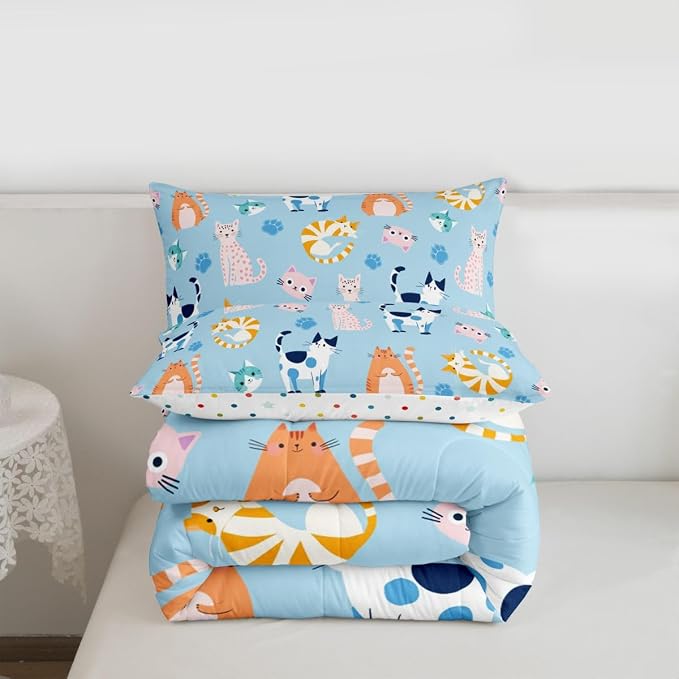Feelyou Twin Size Cute Colorful Cat Bedding for Kids Teen Girls Room Decor Cat Comforter Set Kawaii Blue Pink Kitten Quilt Feline Paw Bed Sets Ultra Soft Microfiber with 2 Piece - Image 6