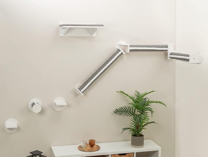 Trixie Cat Wall Furniture Set 6-7pc Cat Climbing Wall Set - Sisal Rope Scratching Posts, Elevated Bed, Corner Shelf, Steps - Gray/White - Image 3