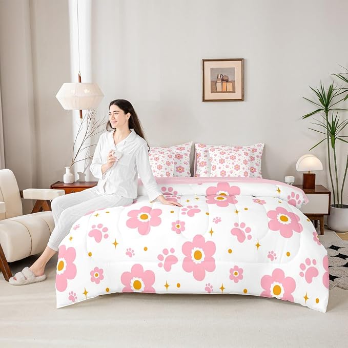 Feelyou Pink Flower 7 Piece Bedding Set Cute Dog Paw Print Comforter Set with Sheets for Kids Boys Girls Star Print Bed in a Bag Kawaii Bed Set Soft Lightweight - Image 6