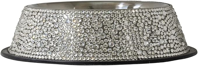 Strass Pet Bowl, Sparkling Rhinestones on Stainless Steel, Non-Slip Base, for Cats, Dogs, Other Pets, Food and Water, Silver, Medium, Sold Individually by SparklesHome