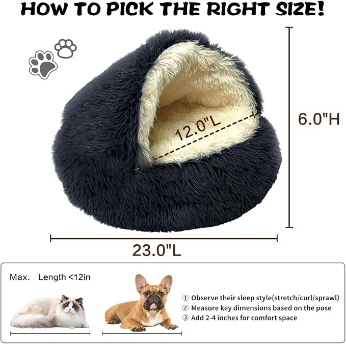 ShinHye Cat Bed Round Plush Fluffy Hooded Cat Bed Cave, Cozy for Indoor Cats or Small Dog beds, Soothing Pet Beds Doughnut Calm Anti-nxiety Dog Bed - Waterproof Bottom Washable (23×23inch, Dark Grey) - Image 2