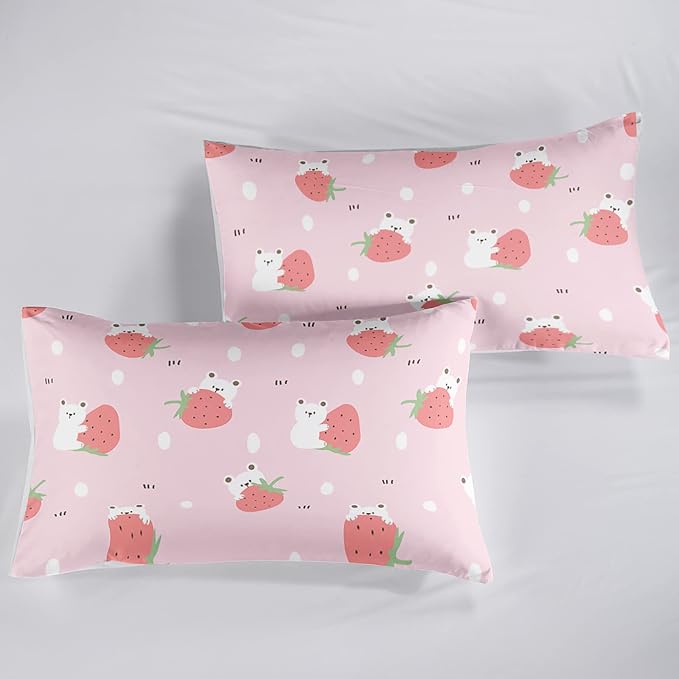 QOOMO Cartoon Bear Comforter Twin Size,Pink Strawberry Bedding Set for Kids Teens Girls,3Pcs Bedding Set Printed Comforter with 2 Pillowcases,Down Alternative,Soft and Lightweight，Twin Size - Image 6