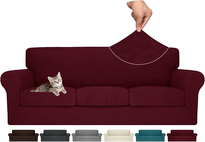 MAXIJIN 4 Piece Couch Covers for 3 Cushion Couch Sofa Covers, Stretch Couch Slipcovers for Sofas with 3 Cushions, Thick 3 Seat Furniture Protector for Dogs Pet (71"-91", Wine Red) by MAXIJIN