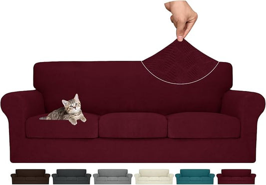 MAXIJIN 4 Piece Couch Covers for 3 Cushion Couch Sofa Covers, Stretch Couch Slipcovers for Sofas with 3 Cushions, Thick 3 Seat Furniture Protector for Dogs Pet (71"-91", Wine Red) by MAXIJIN