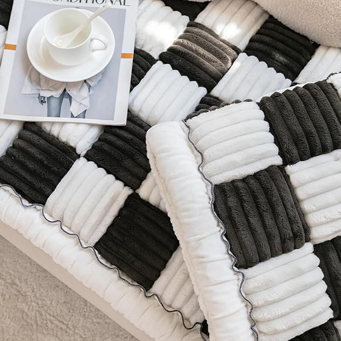 Yoovat Funny Pet Couch Covers for Sofa Plush Checker Plaid Sofa Covers for Pets Washable 3 Cushion Couch Sofa Mat Friendly (Cream Black, 60x160 cm/23.6x63 in) - Image 7