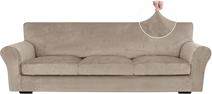 XINEAGE 4-Piece Velvet Oversize Sofa Cover, Couch Covers for Dog,Khaki | 3 Cushion Large Sofa,Stretch Non-slip Elastic, Pet-friendly, Washable, Fast Setup, Soft Plush Fabric, Furniture Protector. by XINEAGE