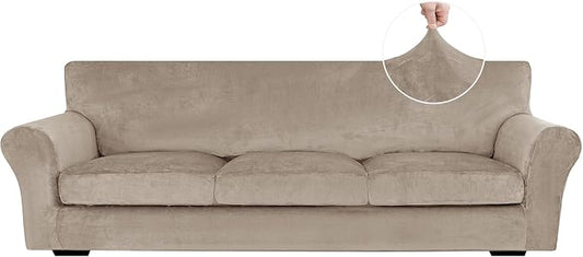 XINEAGE 4-Piece Velvet Oversize Sofa Cover, Couch Covers for Dog,Khaki | 3 Cushion Large Sofa,Stretch Non-slip Elastic, Pet-friendly, Washable, Fast Setup, Soft Plush Fabric, Furniture Protector. by XINEAGE