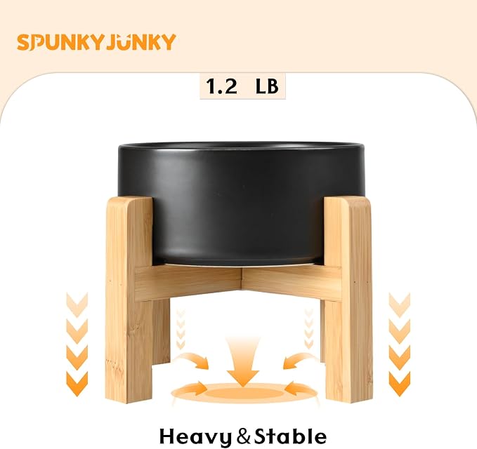 SPUNKYJUNKY Ceramic Elevated Dog Bowls 2 Pack - 5.1inch Raised Dog Bowls with Non-Slip Wooden Stand for Small Dogs Dishwasher Safe(Black,13.5OZ*2) - Image 6