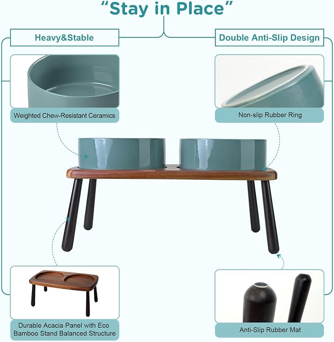 SPUNKYJUNKY Ceramic Elevated Dog Bowls Raised with Acacia Bamboo Wooden Stand, 8.3'' Dog Food Water Bowls Set Non-Slip for Medium Large Sized Breed Microwave Dishwasher Safe - 60 OZ,Dark Green - Image 4