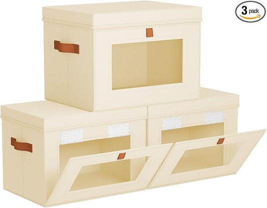 Homsorout Medium Fabric Storage bins - Collapsible Storage Bins with Open Window, 3 Pack Closet Baskets for Shelves, Stackable Decorative Boxes for Home, Dorm, Beige, 13.7"x 9.8" x 9.8" by Homsorout