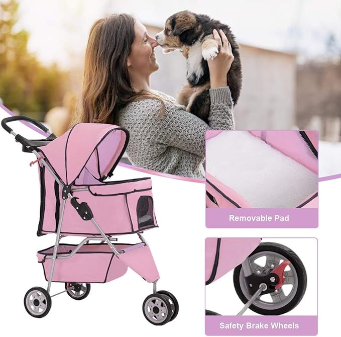 BestPet 3 Wheels Pet Dog Stroller Cat Cage for Medium Small Dogs Cats Travel Folding Carrier Waterproof Puppy Stroller with Cup Holder & Removable Liner,Pink