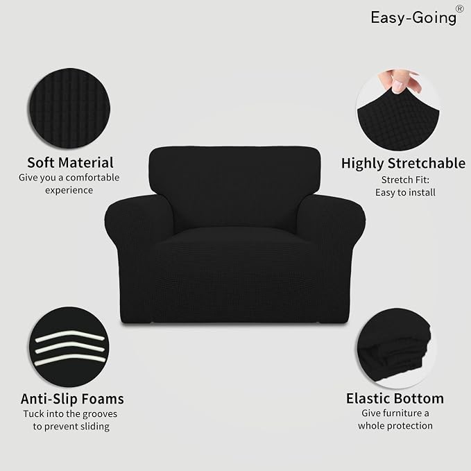 Easy-Going Stretch Oversized Chair Slipcover with Arm Washable Black | 1-Piece Large chair covers armchair Furniture Protector for Living Room chair and a half cover Soft For Kids, Pet. - Image 3