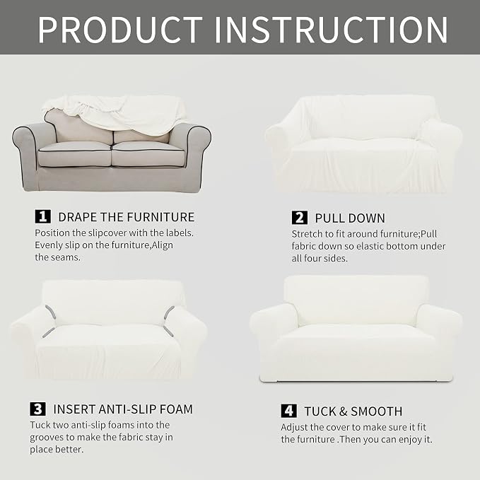 Easy-Going Stretch Loveseat Couch Covers Washable Cream | 1-Piece Loveseat Covers for 2 Cushion Couch Furniture Protector RV Sofa Slipcover Soft with Bottom for Kids Pets - Image 6