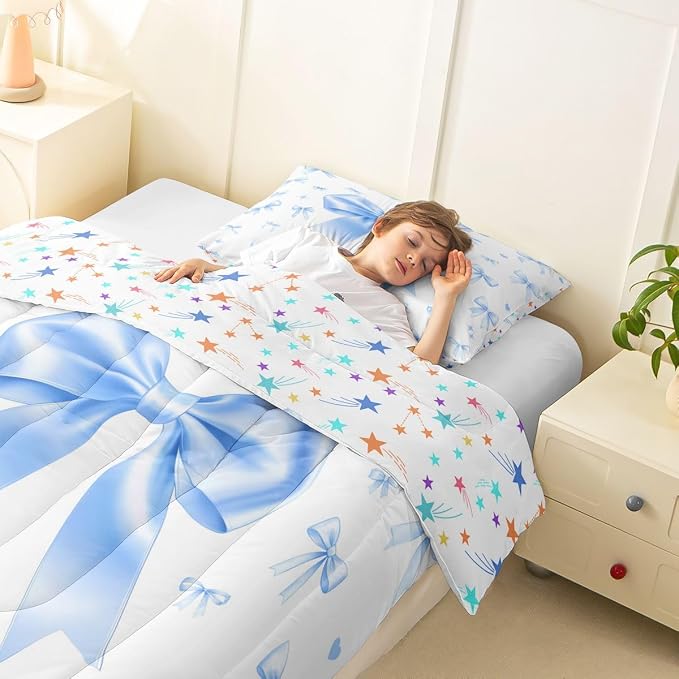 Manfei Blue Bow Twin Size Comforter Set,Cute Ribbon Bowknot Quilt Set Soft Bed Collection,Kawaii Princess Style Bedding Comforter for Boys Girls Room Decor,2 Pcs - Image 5