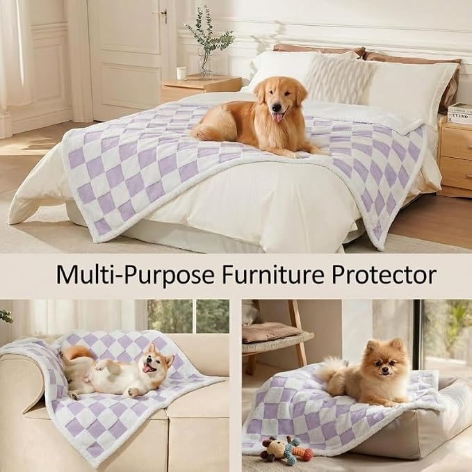 Waterproof Pet Blanket,Dog Bed Covers Couch Sofa Stylish Jacquard Pets Throw Blankets for Puppy Cats Washable Reversible Furniture Protection Covers (Purple Check,L) - Image 4