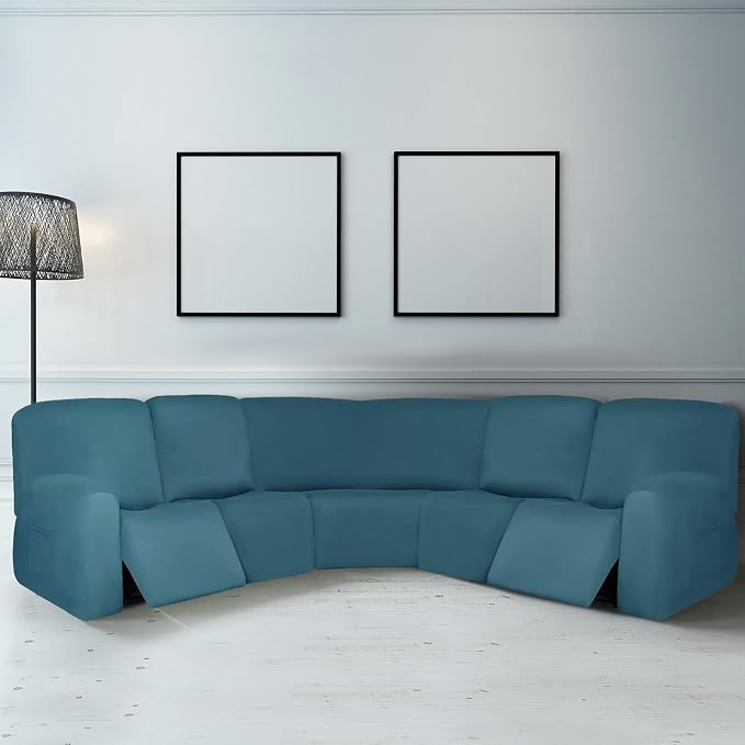 Peryiter 7 Pcs L Shape Sectional Recliner Sofa Covers 5 Seat Sectional Couch Covers Milk Silk Velvet Stretch Reclining Sofa Slipcover Furniture Protector for Living Room(Peacock Blue,Milk Silk) - Image 2