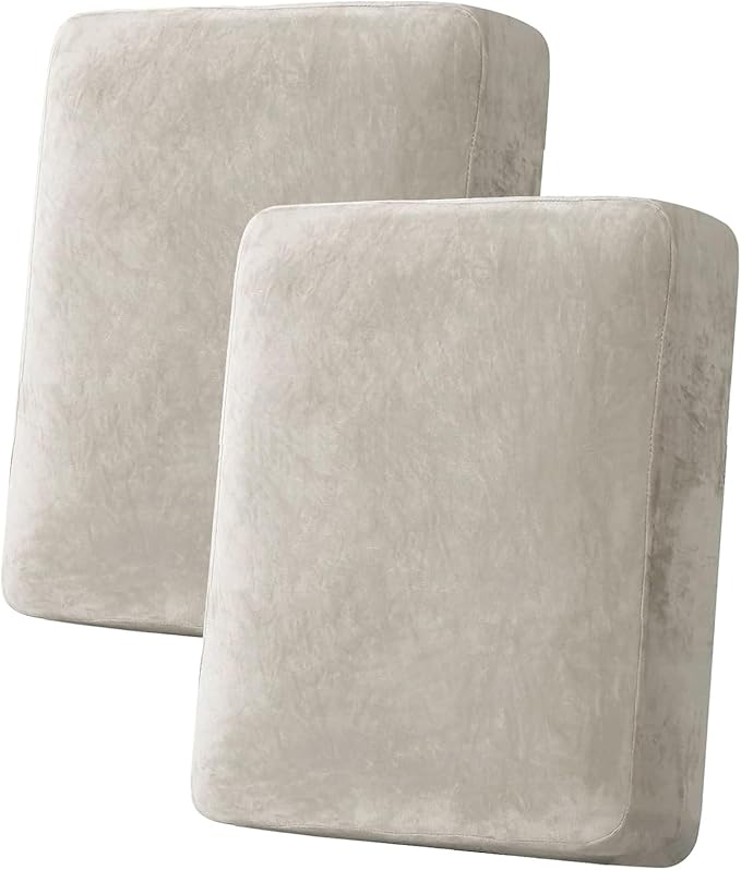 H.VERSAILTEX Velvet Stretch Couch Cushion Cover Plush Cushion Slipcover for Loveseat Cushion Furniture Protector Seat Cushion Sofa Cover (2 Piece Medium Sofa Cushion Covers, Oatmeal) by HVERSAILTEX
