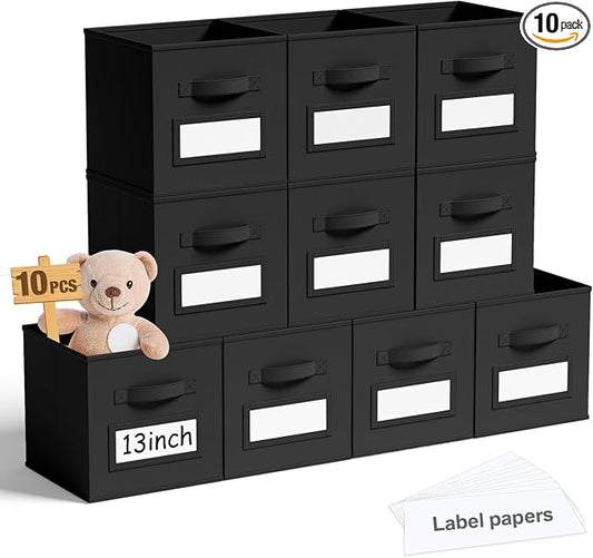 Teenyyou 10 Pack Fabric Storage Cubes 13 Inch Collapsible Cube Bins with Label Window & Handle Foldable Organizers Baskets for Shelf Closet Nursery Kids Room Clothes Book Toy(Black) by Teenyyou