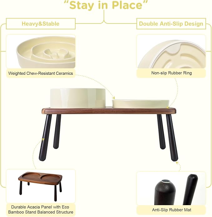SPUNKYJUNKY Ceramic Elevated Dog Bowls with Slow Feeder Raised Acacia Bamboo Wooden Stand, 8.3'' Dog Food Water Bowls Set Non-Slip for Medium Large Sized Breed Microwave Dishwasher Safe - Beige - Image 4