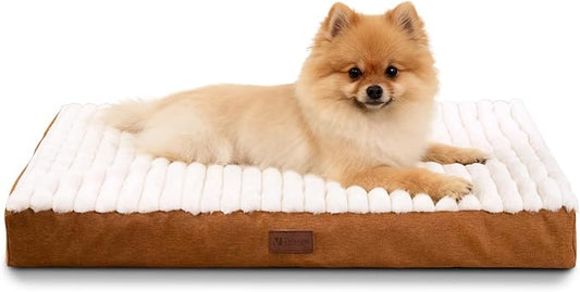 Orthopedic Dog Bed for Small Breeds, Firm Egg Crate Foam, Non-Slip Bottom | Machine Washable Cover, Short Plush Faux Fur Top, Pet Beds for Crate, Floor & Car, Up to 25 lbs, Brown, 23"L x 17"W x 3"H by VERABE