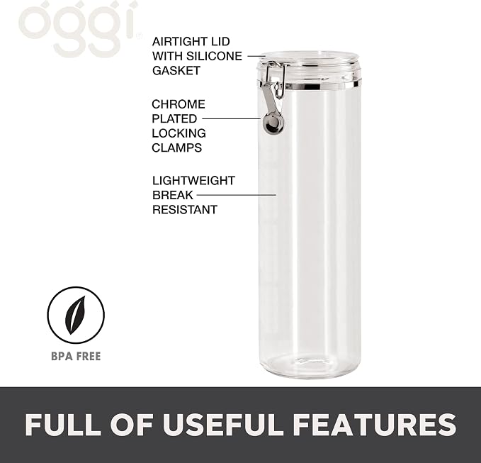 Oggi Tall Clear Canister with Clamp Lid, 58 oz - Large Airtight Food Storage Container, Ideal for Kitchen & Pantry Storage of Bulk, Dry Foods Including Pasta & Spaghetti - Image 2