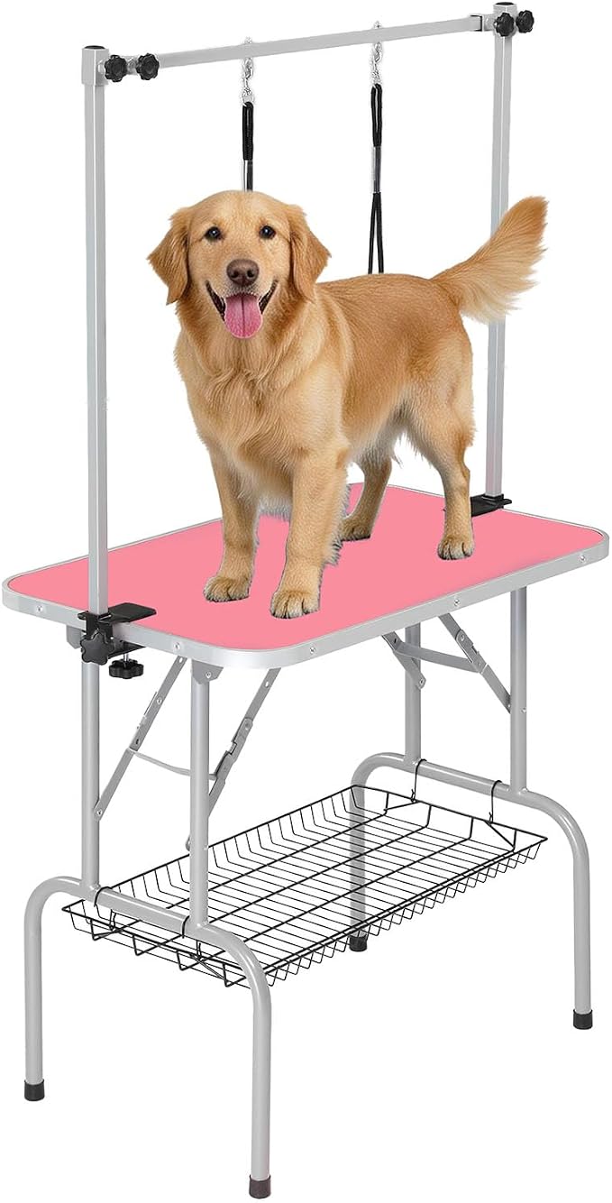 VINGLI Dog Grooming Table, Adjustable Cat Grooming Desktop with Arms and Storage Basket, Pet Grooming Stand at Home (Pink, 36 inch) by VINGLI