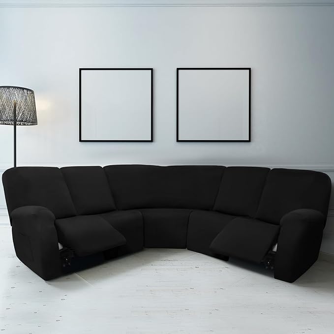 Peryiter 7 Pcs L Shape Sectional Recliner Sofa Covers 5 Seat Sectional Couch Covers Milk Silk Velvet Stretch Reclining Sofa Slipcover Furniture Protector for Living Room(Black,Milk Silk) - Image 2