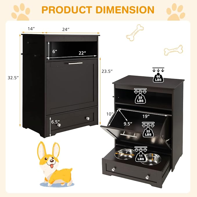 Tangkula Pet Feeder Station, Dog Food Storage Container With Double Pull Out Bowls, Food Toy Organizer Cabinet, Feeding Station Furniture for Dogs Cats Feeding & Watering Supplies (Brown) - Image 7