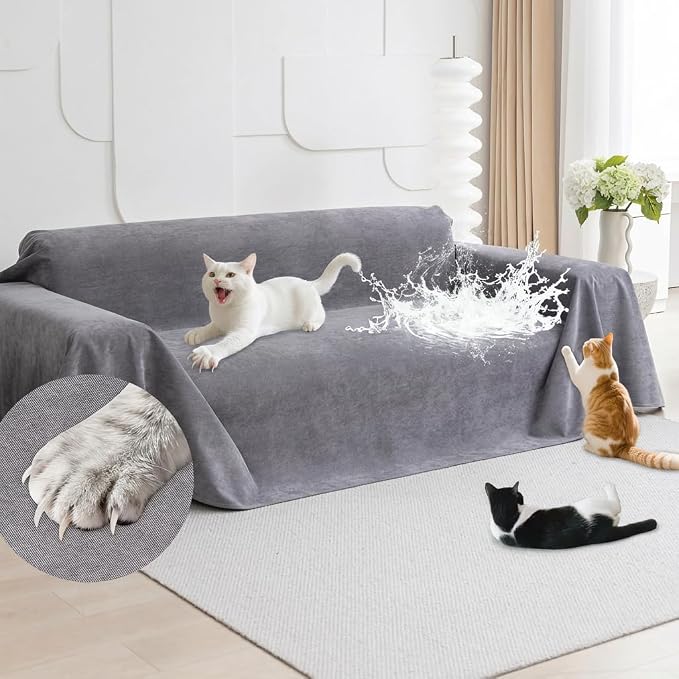 Cat Scratch Proof Furniture Protector - Anti-Slip, Waterproof Sofa Cover to Keep Cats Off, Pet-Friendly Anti-Scratch Couch Protectors for 3 Cushion Couch, Gray Sofa Cover for Pets and Kids 118"X71" by Loiion