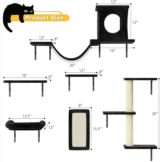 NUNU LAB Wall Mounted Cat Furniture Set - 6 Pcs Climber Set with House, Bridge, Steps, Scratcher Board - DIY Walls Playground, Indoor Cat Shelves - Black - Image 5