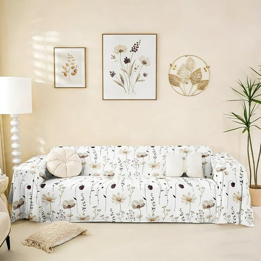 Erosebridal Watercolor Floral Couch Cover Brown Beige Flower Sofa Cover Modern Minimalist White Couch Protector 91" X 134" Rustic Farmhouse Washable Non Slip Sofa Protector for Couches and Sofas by Erosebridal