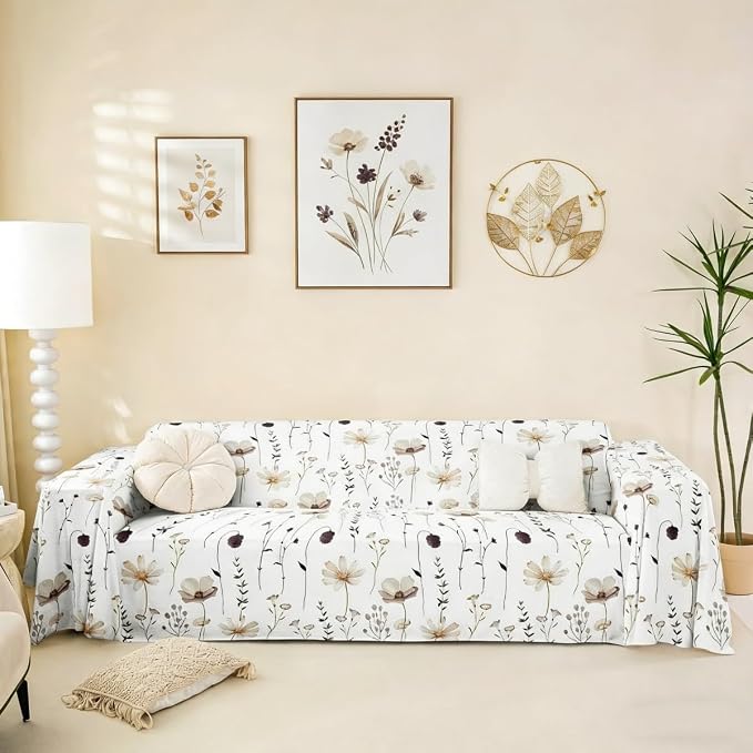 Erosebridal Watercolor Floral Couch Cover Brown Beige Flower Sofa Cover Modern Minimalist White Couch Protector 71" X 134" Rustic Farmhouse Washable Non Slip Sofa Protector for Couches and Sofas by Erosebridal