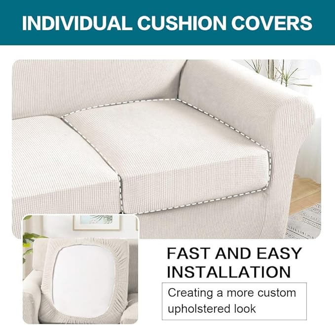 Turquoize 3 Piece Sofa Covers for 2 Cushion Couch Loveseat Slipcover Soft Couch Cover for Dogs-Washable Sofa Furniture Cover with 2 Individual Cushion Covers, Thick Jacquard Fabric (Loveseat, Ivory) - Image 5