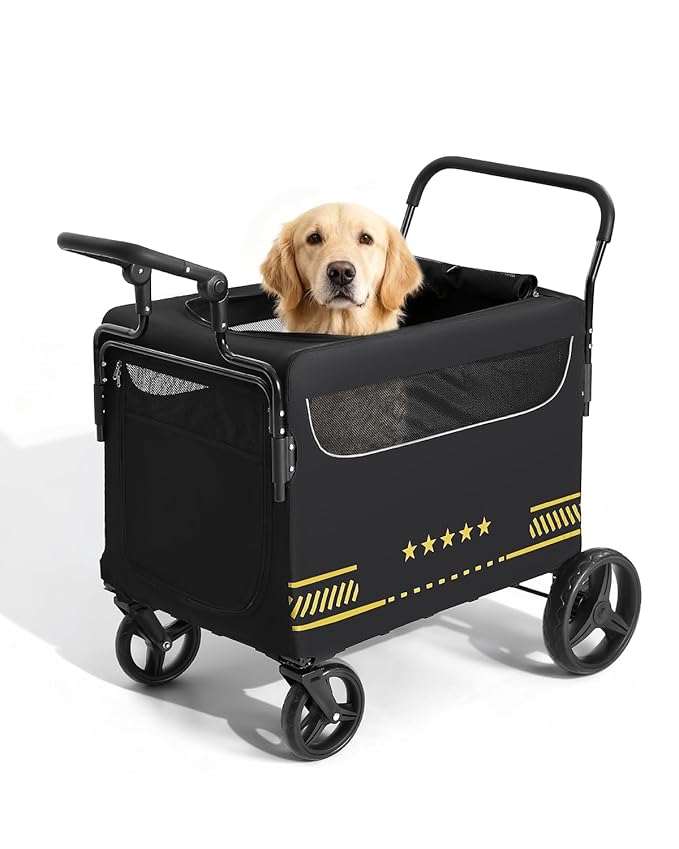 All Terrain Pet Stroller for Medium & Large Dogs with Ramp, Foldable Dog Stroller with Brakes, 3 Entrances, Dual Adjustable Handles with Reversible Push, 160lbs Weight Capacity