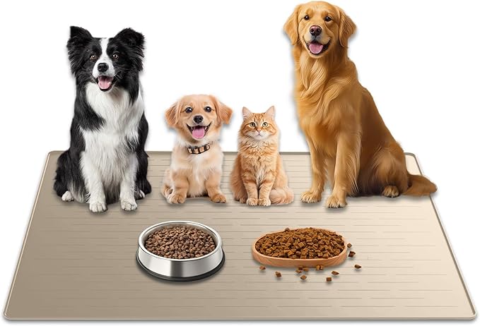 48"x32" Extra Large Pet Food Mat, 1.5MM Super Thick Silicone Dog Mats for Food and Water, XXXL Nonslip Pet Feeding Mats for Floors,Dog Cat Bowl Mat with Raised Edges, Beige by WelcometoULTIBE