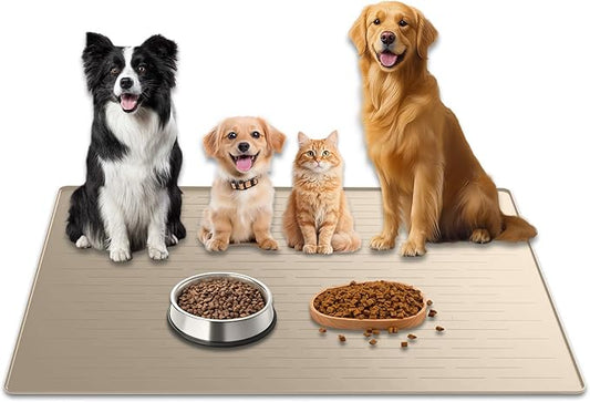 48"x32" Extra Large Pet Food Mat, 1.5MM Super Thick Silicone Dog Mats for Food and Water, XXXL Nonslip Pet Feeding Mats for Floors,Dog Cat Bowl Mat with Raised Edges, Beige by WelcometoULTIBE