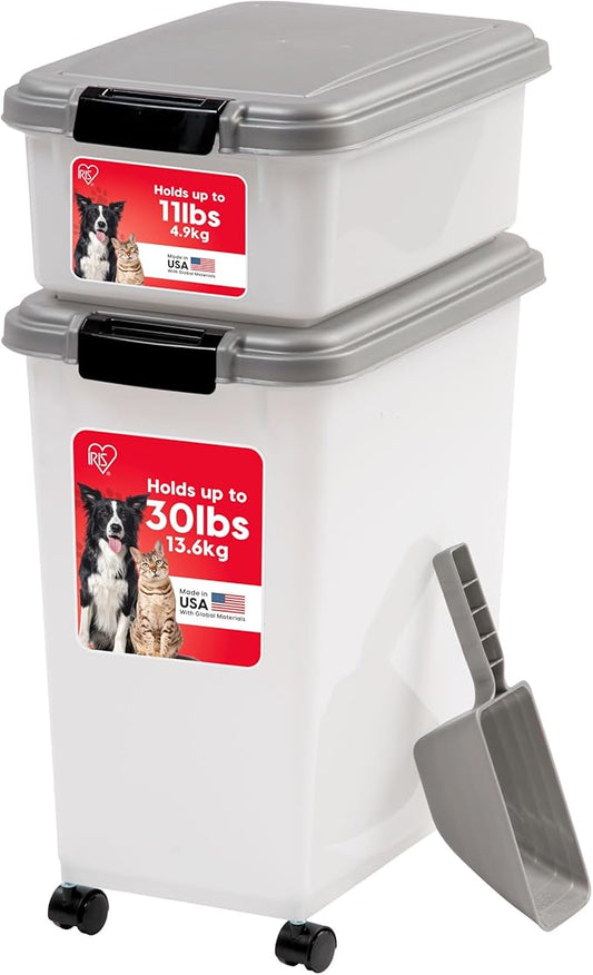 IRIS USA 30 lbs & 11 lbs Combo Airtight Dog Food Storage Container, Stackable Treat Box, 2-Cup Scoop, Wheels, Keep Fresh, Easy Mobility, Silver by IRISUSA