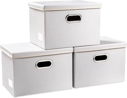 PRANDOM Collapsible Storage Bins with Lids [3-Pack] Leather Fabric Foldable Storage Boxes Organizer Containers Baskets Cube with Cover for Bedroom Closet Office Nursery White (14.9x10.8x10) by Prandom