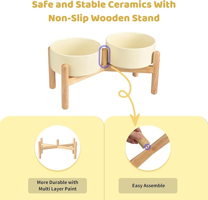 SPUNKYJUNKY Ceramics Raised Dog Bowl with Wooden Stand - Double 28.7OZ Cream White Bowls for Small Medium Dogs - Image 4