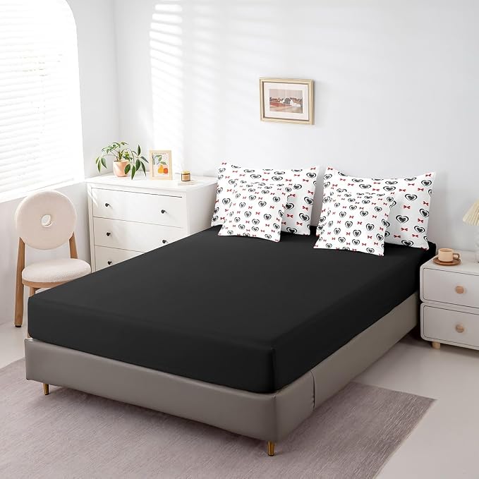 Erosebridal 7 Piece Heart Pattern Queen Bedding Set,Kawaii Red Bowknot Kids Comforter Set for Girls Boys,Valentine Day Love Heart Shaped Bed in a Bag,Geometric Bow Flat Fitted Sheet,Black Red - Image 5