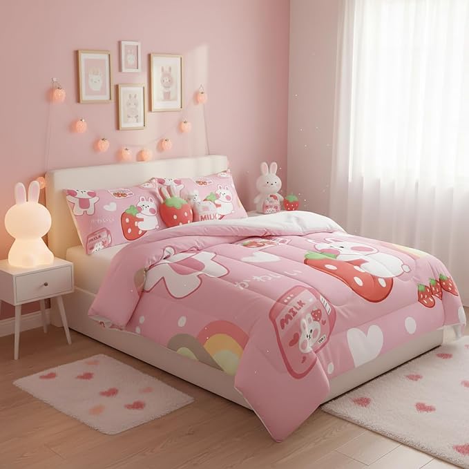 QOOMO Strawberry Rabbit Comforter Set for Kids Teens Girls Women,Pink Bunny Kids Comforter,1 Comforter with 2 Pillowcase, Microfiber 3 Piece Bedding Set,for All Seasons(Pink，Twin Size) - Image 3
