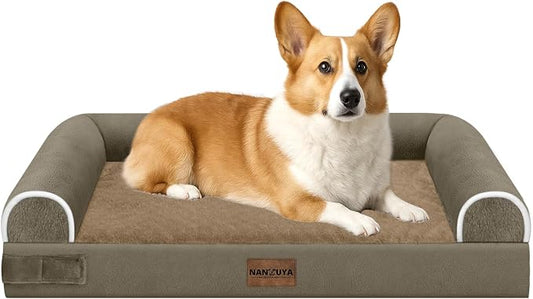 NANUYA Orthopedic Dog Bed for Medium Dogs, 30 x 20 Inch, Brown | Egg crate foam for joint support, 3-sided bolster pet sofa, waterproof lining, washable cover, and non-skid base by Nanuya