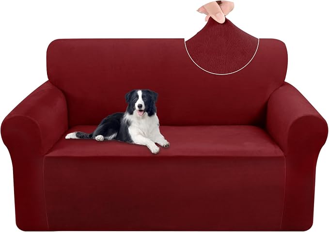 U-NICE HOME Velvet Loveseat Sofa Covers Stretch Couch Cover Furniture Protector Sofa Slipcover for Dogs (Medium, Burgundy) by U-NICEHOME