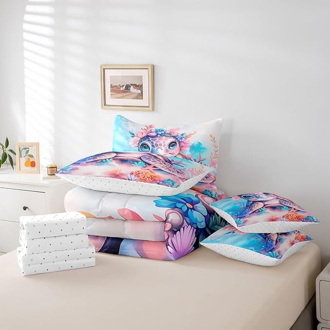 Erosebridal Kids Cute Turtle 7-Piece Bedding Set King Size, Ocean Life Tortoise Bed in A Bag, Underwater World Sea Animal Comforter Set with Sheets, Watercolour Coral Bedding Comforter Sets - Image 5