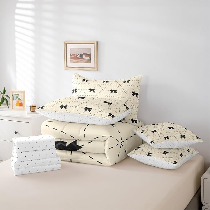 Erosebridal Black Bow 7 Piece Comforter Set Twin for Kids Bedroom | Modern Bow Tie Bedding Set for Girls Coquette Bows Comforter with Sheets Girly Bowknot Striped Geometric Soft Warm Quilt Duvet - Image 6