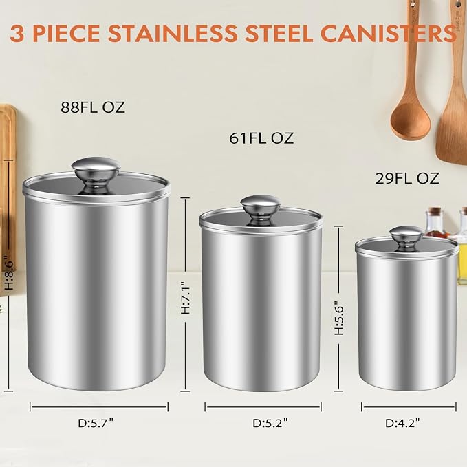 ENLOY Stainless Steel Food Storage Container Set of 3, 88/61/29 oz with Clear Glass Lids - Ideal for Coffee, Tea, Sugar, Flour Canisters - Image 2