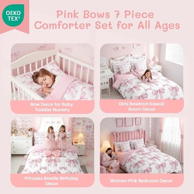 Erosebridal 7 Piece Pink Bowknot Kids Comforter Set Full Bed in a Bag,Dreamy Princess Style Kids Girls Bedding Set for Women,Girly Bow Tie Bed Set,Romantic Valentine's Day Sheet Set Reversible Quilt - Image 3