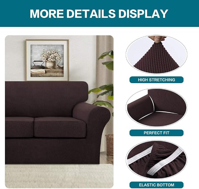 Turquoize 3 Piece Sofa Covers For 2 Cushion Couch Sofa Slipcover Soft Couch Cover For Dogs-Washable Sofa Furniture Covers With 2 Individual Cushion Covers, Feature Thick Fabric (2 Cushion Sofa, Brown) - Image 4