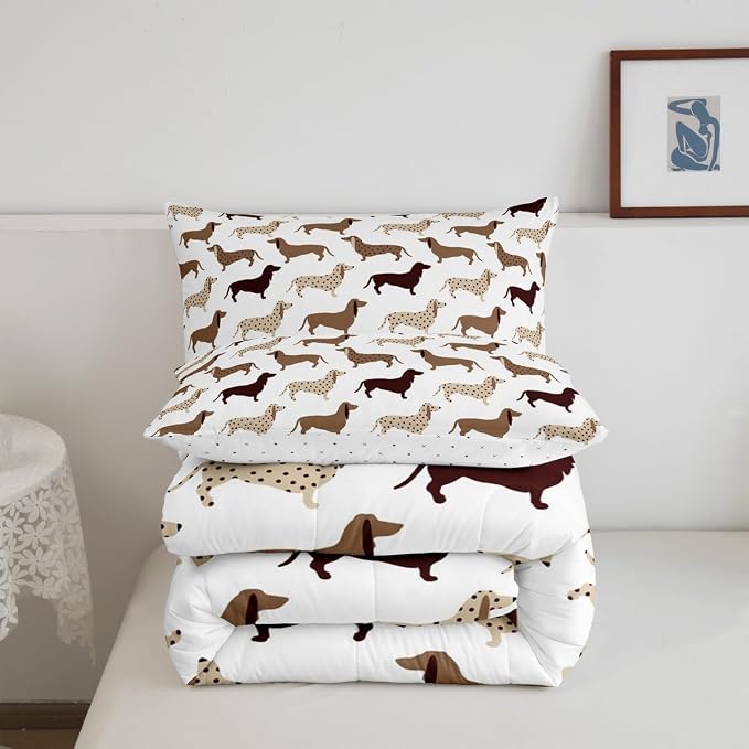 Feelyou Cartoon Dog Print Comforter,Puppy Animal Bedding Bed Set,Cute Dachshund Kawaii Comforter Set for Teens Kids Boys Girls Adults Decor,Brown Quilt Collection 3Pcs Queen Size Boys - Image 3