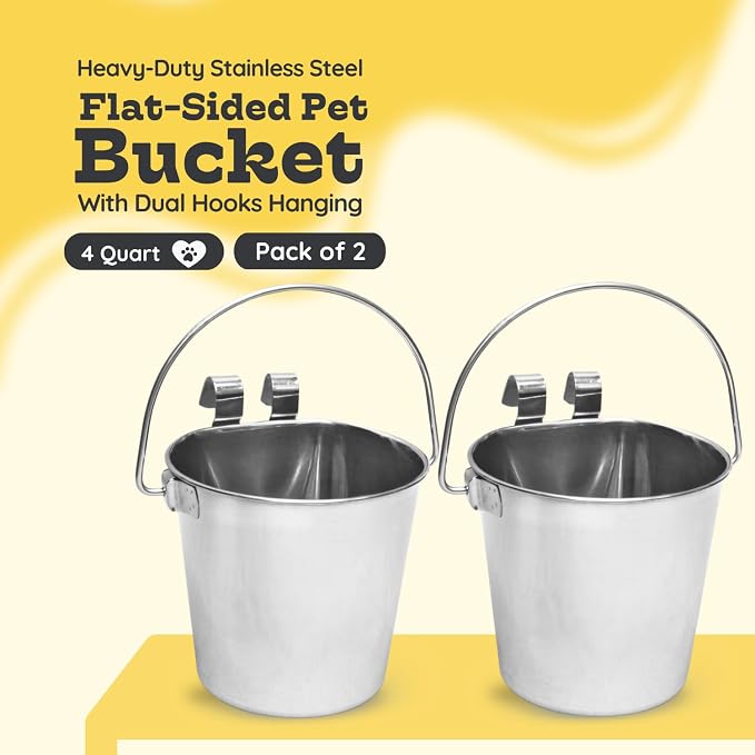 4 Quart Stainless Steel Flat Sided Bucket with Dual Hooks | 2 Pcs Durable Food & Water Bowl for Dogs Cats Goat & Livestock | Fits kennel Cage Critter Crate Hanging Pet Pail | Multipurpose - Image 2